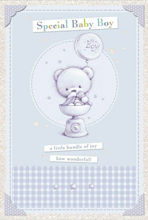 Birth Of Baby Boy Greetings Card - Blue Bear & Balloon On Scales