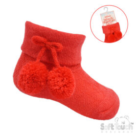 Red Pompom Ankle Socks (S10-R)