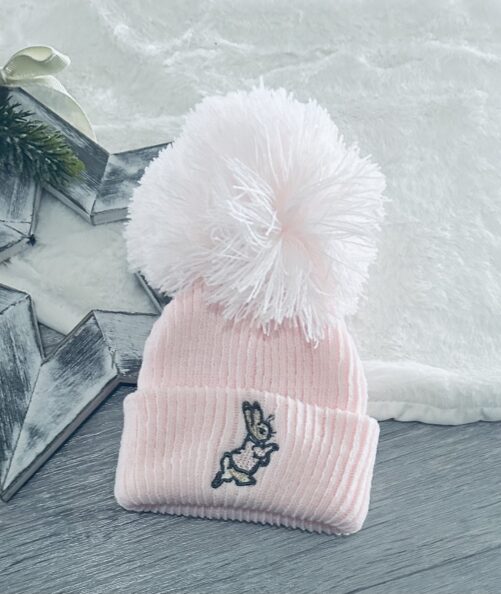 Rabbit Embroidered Pompom Hat Pink