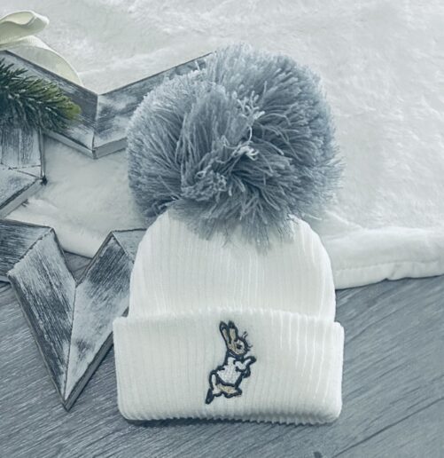 Rabbit Embroidered Pompom Hat White