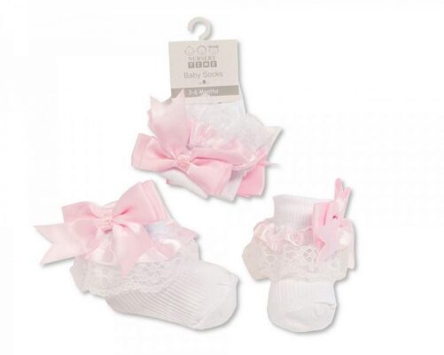 Satin Bow Sock White and Pink 2220-P