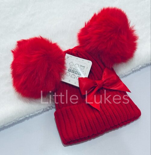 Red Bow Double Pompom Hat