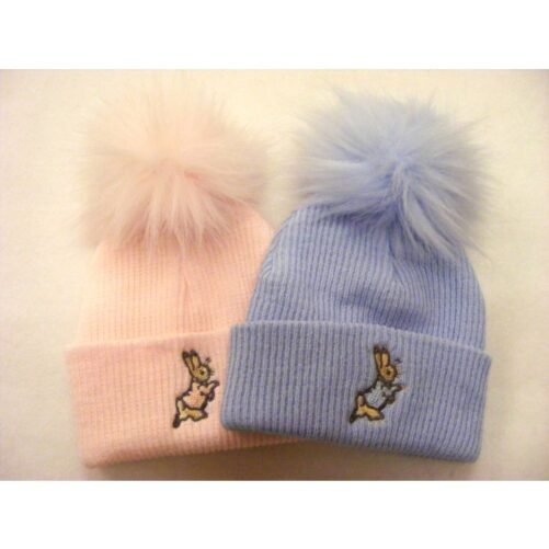 Pink Rabbit Embroidered Fur Pompom Hat