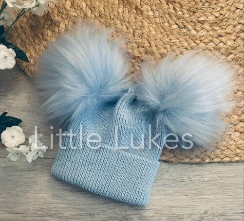 Blue Newborn Double Pompom Hat