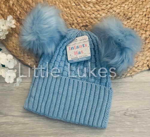 Blue Knit Double Pompom Hat 3-5 Years