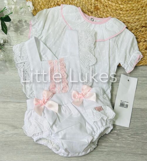 White and Pink Bow Frill Romper