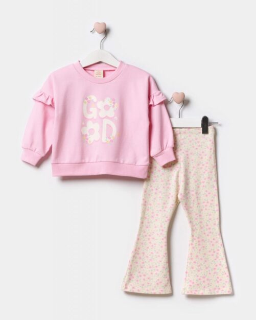 Pink Flower Frill Sweater Set