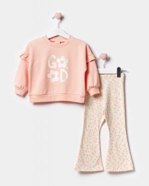 Peach Flower Frill Sweater Set