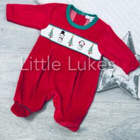 Smocked Snowman Christmas Velour All In One