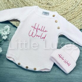 Pink Hello World Knitted Romper and Hat