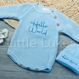 Blue Hello World Knitted Romper and Hat
