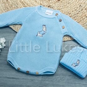 Blue Rabbit Knitted Romper and Hat