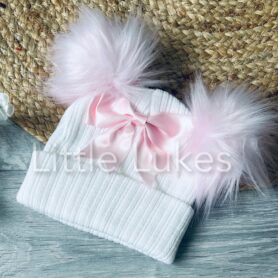 Pink Bow Double Pompom Hat