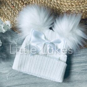 White Bow Double Pompom Hat