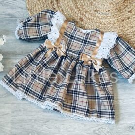 Beige Tartan Frill Bow Dress