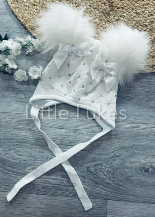 Kleo Kids White Sparkle Bow Double Pom Hat | Little Lukes