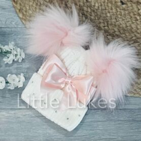 Kleo Kids White and Pink Diamanté Double Pom Hat