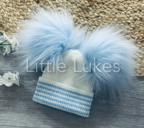 Kleo Kids White and Sky Double Pompom Hat | Little Lukes