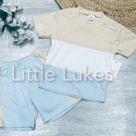 Blue and Beige Striped Shorts Set