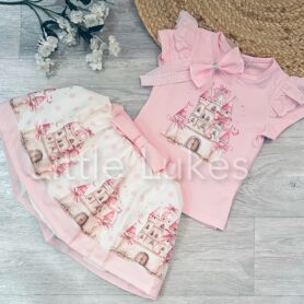 Pink and White Castle Skirt Set