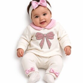 Visara Ivory and Pink Sparkle Bow Two Piece Set