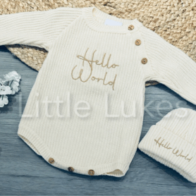Beige Hello World Knitted Romper and Hat