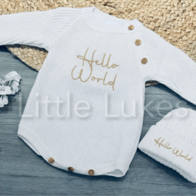 White Hello World Knitted Romper and Hat