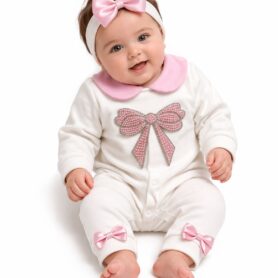 Visara Ivory and Pink Sparkle Bow All In One