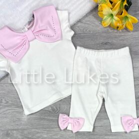 Visara Pink and White Diamante Bow Leggings Set