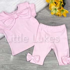 Visara Pink Diamante Bow Leggings Set
