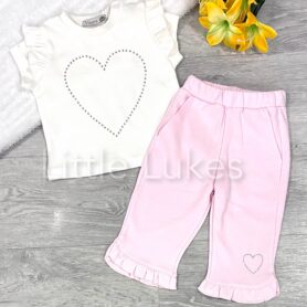 Visara White and Pink Diamante Heart Leggings Set