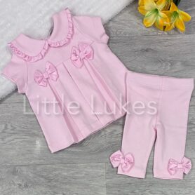 Visara Pink Ribbon Frill Bows Leggings Set