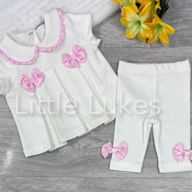 Visara White and Pink Ribbon Frill Bows Leggings Set