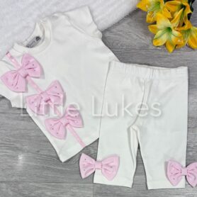 Visara White and Pink Triple Bow Leggings Set