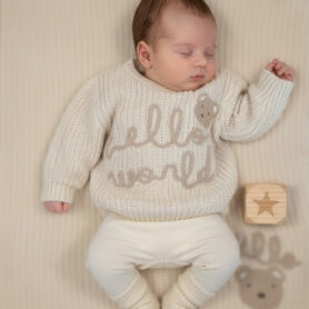 Beige ‘Hello World’ Knitted Wrap and Jumper Set