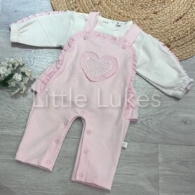 Kleo Kids Pink Doamante Heart Dungaree Set