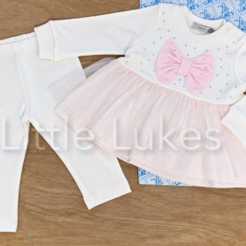 Visara Ivory and Pink Tulle and Bow Leggings Set